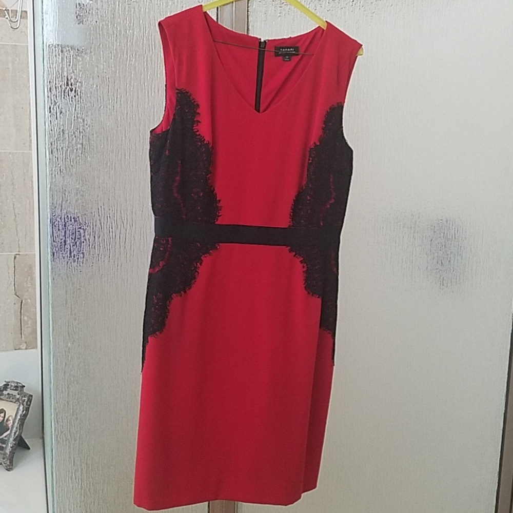 Tahari  red and black lace trim dress